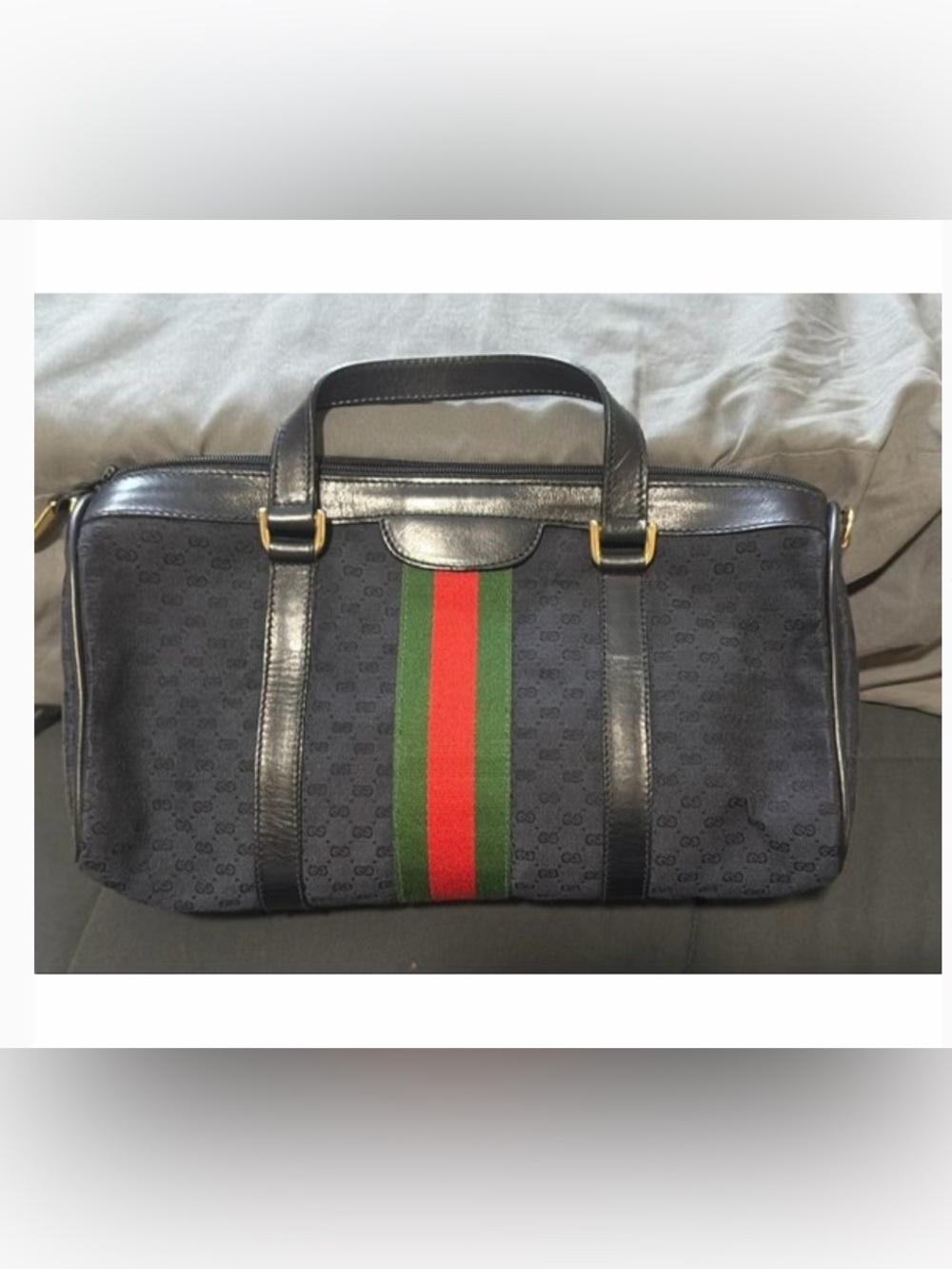 Gucci Black Canvas Top-Handle Bag with Green and Red Web Stripe